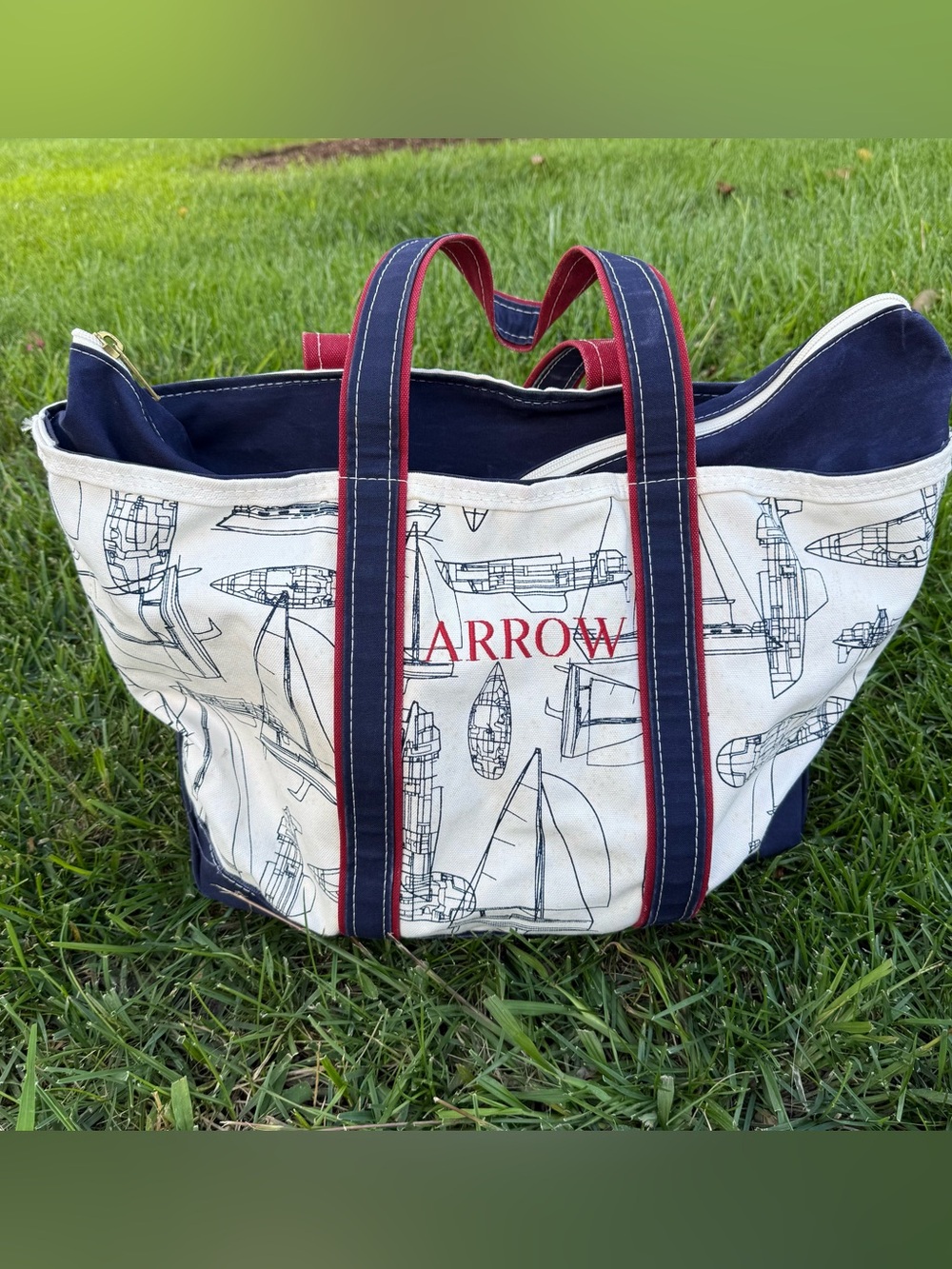 RARE Vintage L L Bean Boat Tote Navy Canvas Limited Sailboat Print~23x15